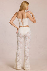 Sheer Lace Mid-Rise Flared Trousers in Ivory
