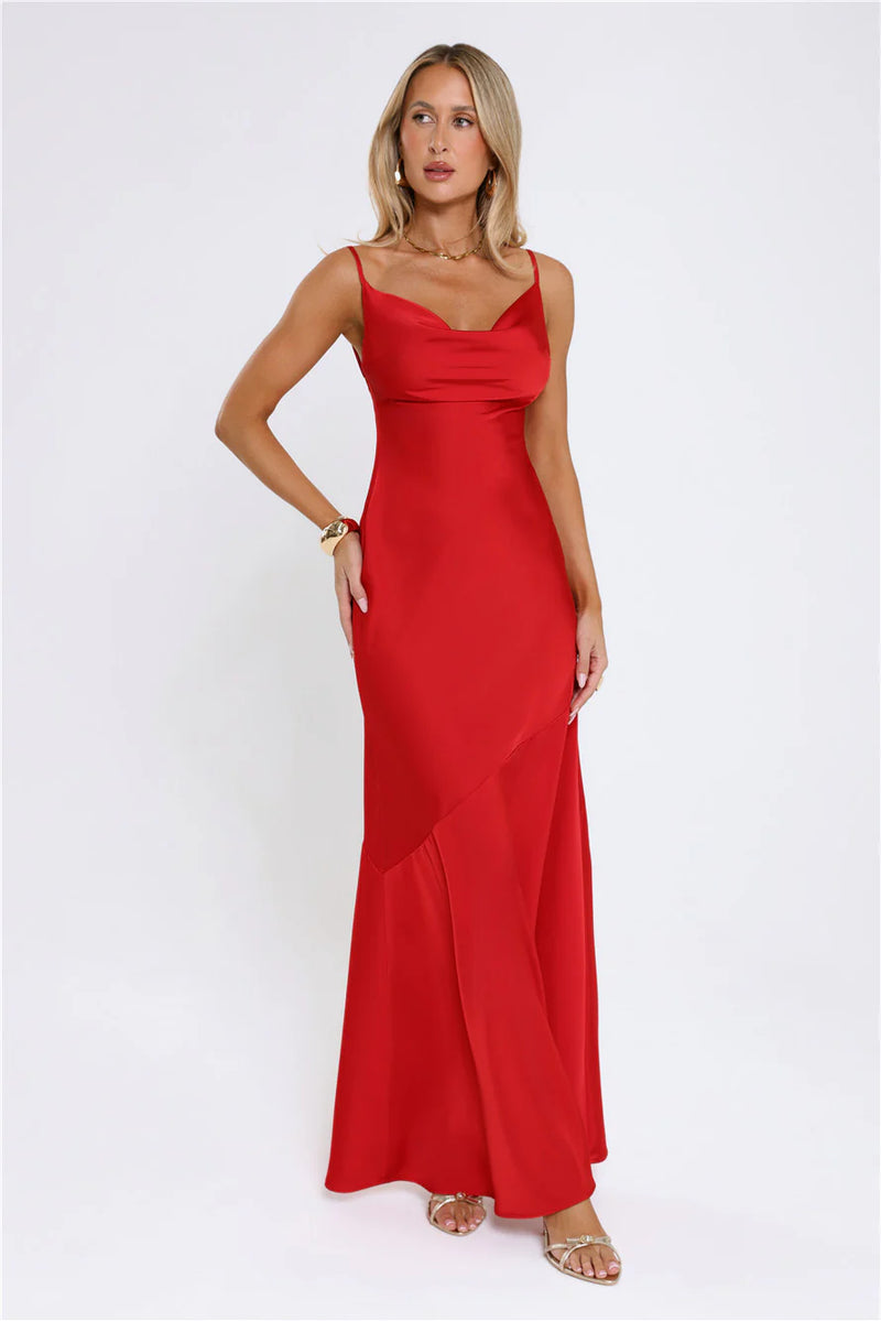 Brilliant Belle Satin Maxi Dress Red
