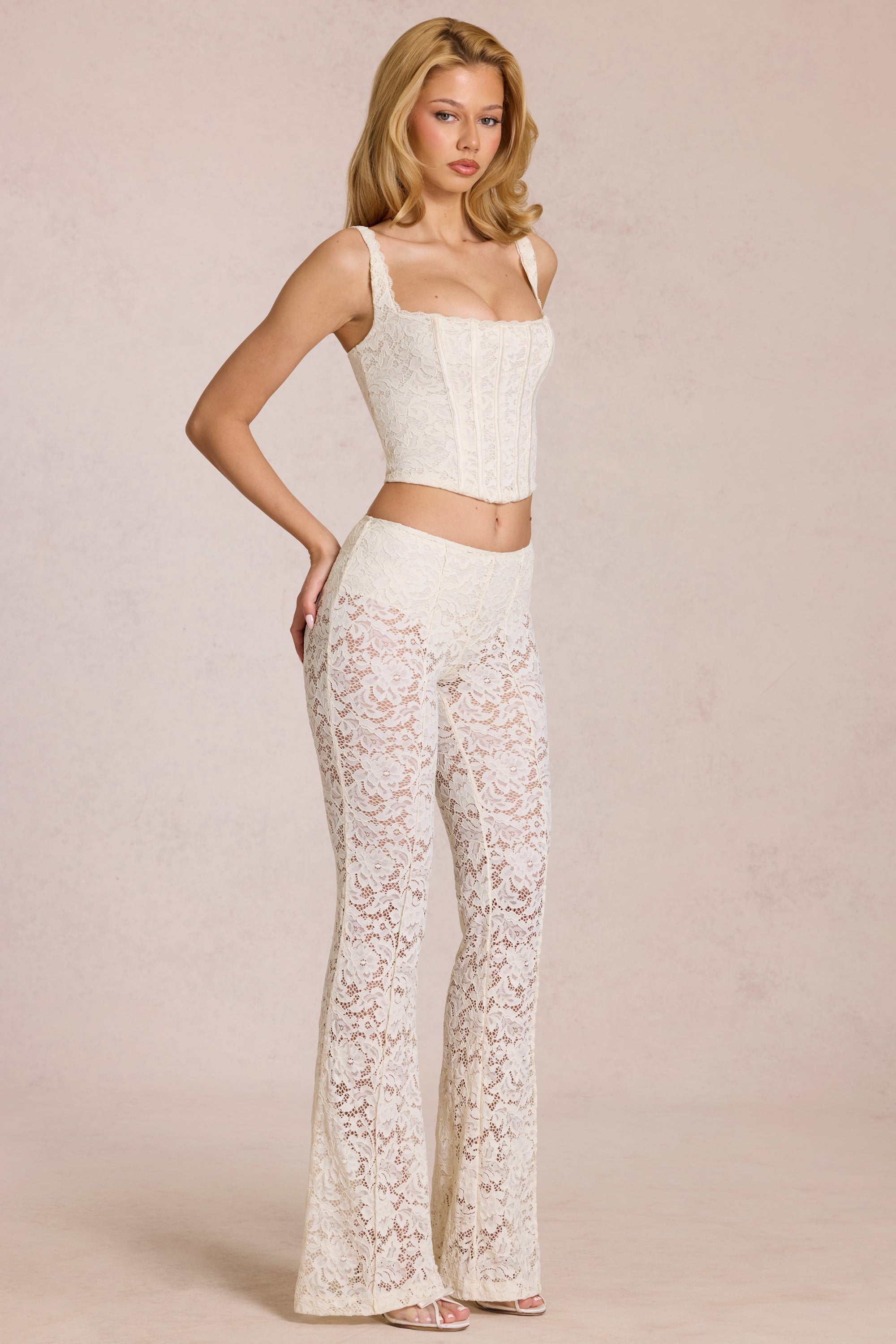 Sheer Lace Mid-Rise Flared Trousers in Ivory